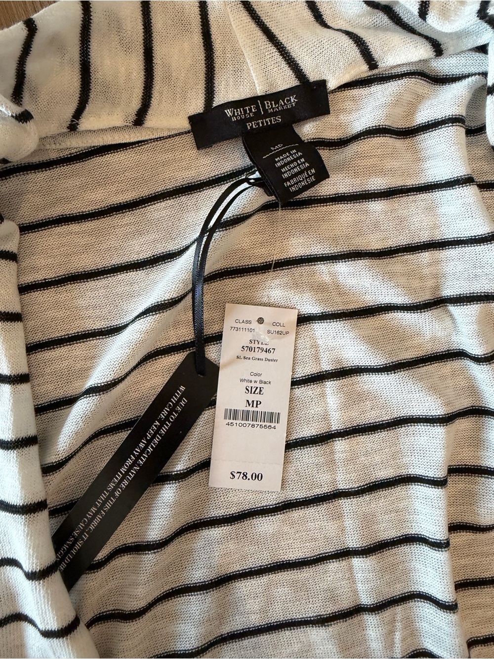 White House Black Market WHBM White Black Striped Long Cardigan NWT Medium P $78 - Picture 6 of 6